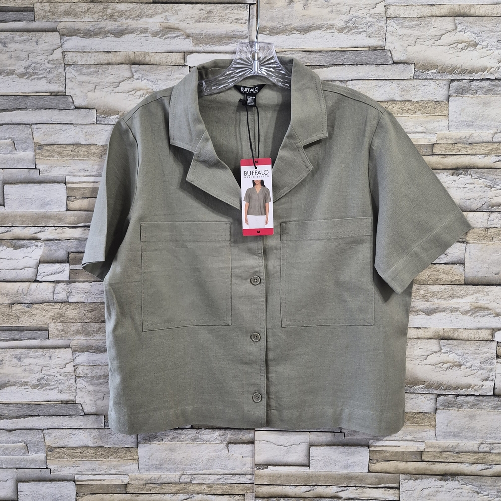 ​Buffalo David Bitton Blouse Women's M Sage Green Linen Button Up Utility Pocket